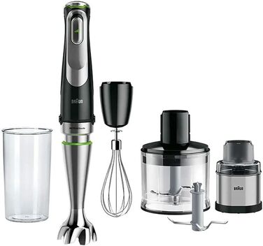 Braun MultiQuick 9 MQ9138XI Immersion Blender 1200 Watt with 5 Accessories: Mixing and Measuring Cup, Whisk, Chopper, 500 ml Coffee and Spice Grinder, Stainless Steel Mashing Foot, Black/Stainless Steel