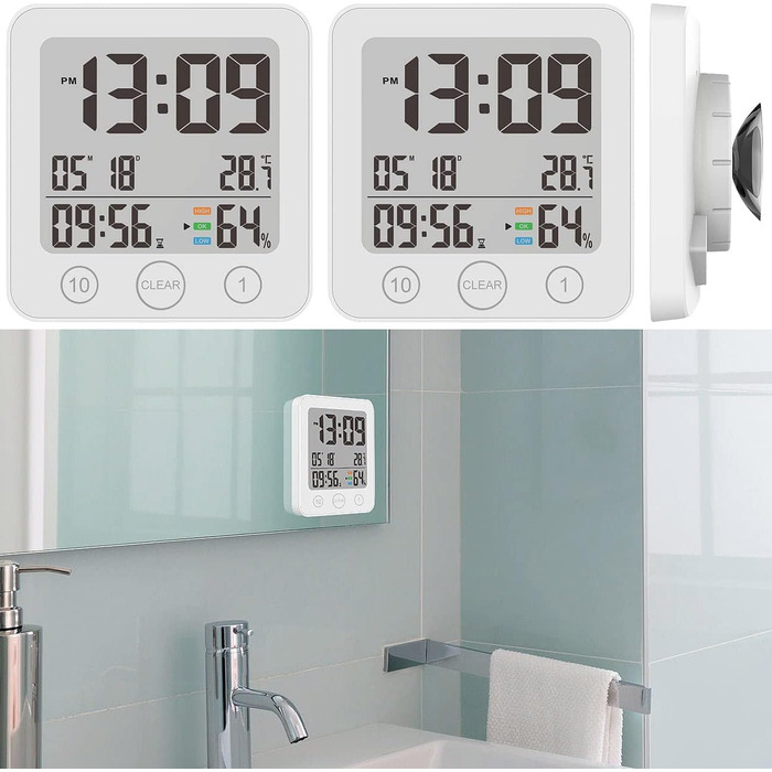 infactory Bathroom Radio Clock: Digital Funky Bathroom Wall Clock with Thermometer, Aluminum, Suction Cups, IP24 (Bathroom Radio Clock Digital, Clock, Gift Ideas) (2-Pack Shower Clock)