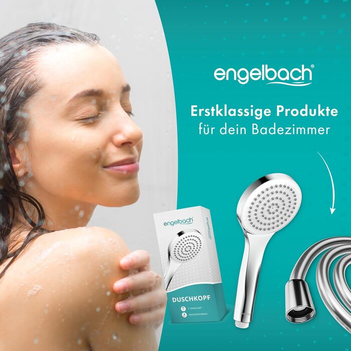 Дюшовий набір Engelbach® з економною водою – Швейцарське виробництво | 3 режими: м'який дощ, масаж, інтенсивний | Універсальна душова лійка (9л/хв), ручна лійка, хром (1 режим / хром (економна вода))