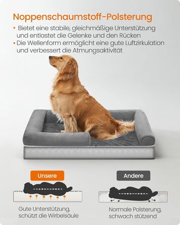 Ортопедичне ліжко для собак Feandrea, м'яке, з високими бортиками, 112x86x18 см, сірий колір, знімний чохол