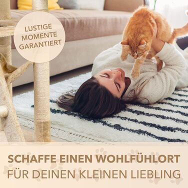 Кігтеточка для котів Foxdevil від xonic® - багатофункціональна кігтеточка з оглядовою платформою, гамаком, затишною печерею, іграшковою шнуркою, сходами – 141 см – (Бежевий V1)