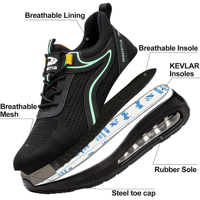 Черевики робочі чоловічі та жіночі S3, легкі, з металевим носком, антиковзаючі, дихаючі, спортивні, чорно-зелені (39 EU)
