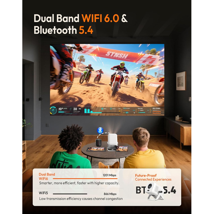 Портативний проєктор N5 1080P з WiFi та Bluetooth, сумісний з Netflix, обертовий на 135°, автоматична корекція трапецеїдальних спотворень, фільтр від пилу