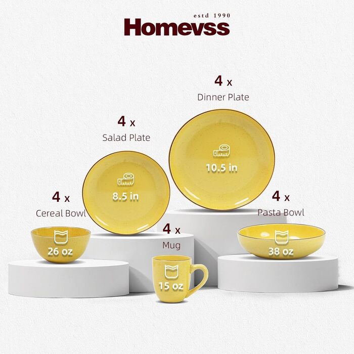 Посуд HomeVSS 20 предметів для 4 осіб: яскраво-жовті тарілки та миски з ефектом бризок, мікрохвильова та посудомийна машина