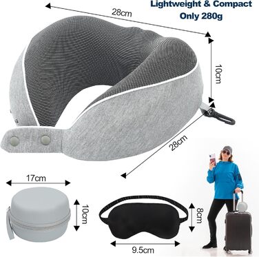 Подушка для шиї Comfy для подорожей: регульована подушка з memory foam, 3D-маска для сну, підтримка 360°, для літака, авто, поїзда (світло-сіра)
