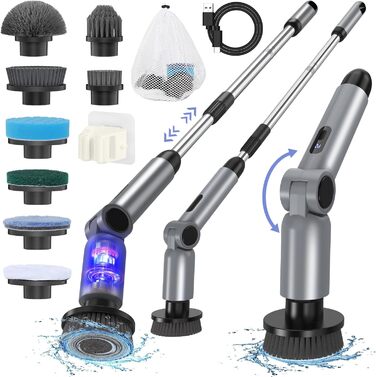 Electric Cleaning Brush, [Collapsible Version] Homtronics Electric Scrub Brush, Adjustable Long Handle, Electric Spin Scrubber Cordless with 8 Drill Brush Heads for Bathroom Kitchen Car, Grey
