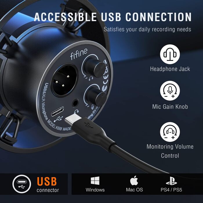 Mikrofon FIFINE K688: XLR/USB, Динамічний, Студійний, для Подкастів, Стримінгу, Ігор, Звукозапису