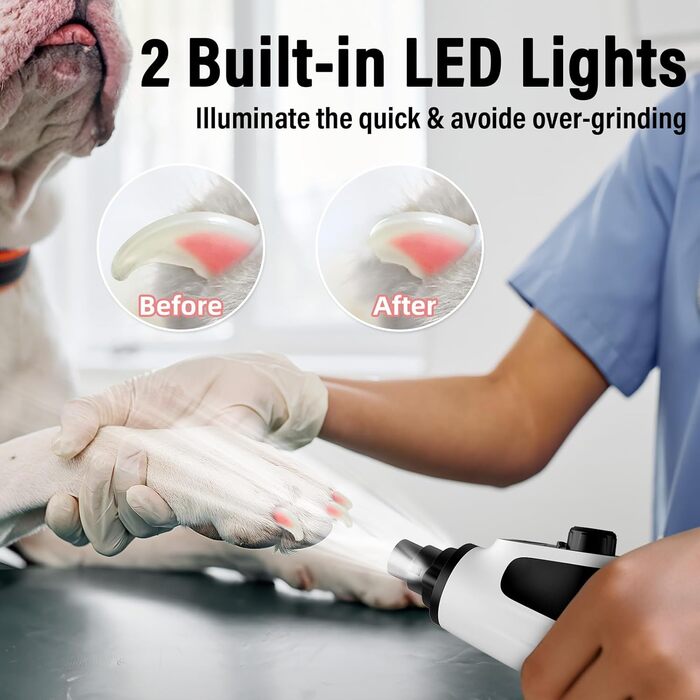 Шліфувальник кігтів для собак Casfuy Smarter Krallenschleifer 6-ступінчатий – 50% потужніший, з 2 LED-лампами, тихий, акумуляторний, для собак та котів великих, середніх та малих порід, білий