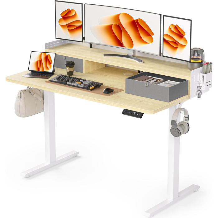 Electric Standing Desk with Drawers - 120x60cm Oak - Adjustable Height Desk for Home Office & DIY Pegboard