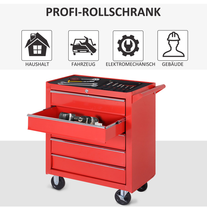 DURHAND Tool Trolley with Wheels, Tool Chest with 5 Drawers, Lockable Utility Cart with EVA Mat, Mobile Assembly Cart, Max. Load Capacity 150 kg, Steel, Red | Aosom