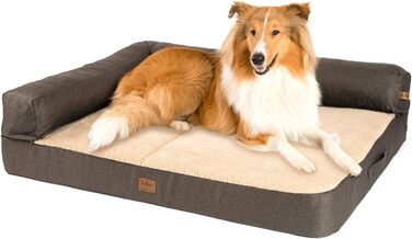 Диван-лежанка для собак JAMAXX Premium 2-в-1 - ортопедичний, з Memory Visco, знімні подушки та чохол, м'який фліс/овчина/шерпа, PDB3014 (120x85 см, коричневий+бежевий фліс)