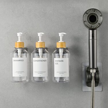 Настінний диспенсер для мила 3 шт, 500 мл, набір для душу та шампуню, чорний без свердління для кухні та ванної кімнати (прозора пляшка + білий бамбуковий ковпачок)