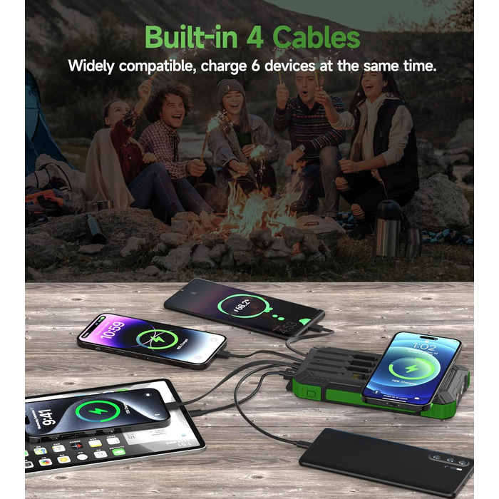 Портативний зарядний пристрій Solar Powerbank 56800mAh з бездротовою зарядкою, 30W PD, 6 виходів, ліхтарик, велика ємність для кемпінгу та подорожей (Зелений)