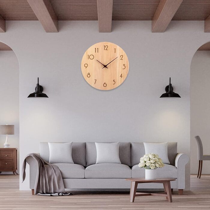 ACCSHINE Wall Clock Wood Oak Silent No Ticking Sound 30cm Quartz Large Easy to Read for Living Room Kitchen Bedroom Office School (Wood Color - Arrow Hands)