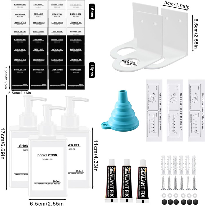 Набір з 3 дозатори для мила Roselee на стіну, без свердління, 500 мл. Дозатори для душу, шампуню та пінної ванни з етикетками для ванної кімнати та кухні (Білий)