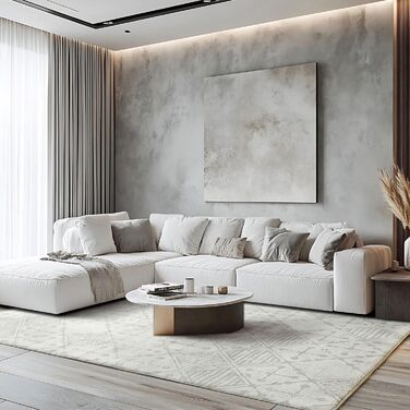 Килим Leesentec для вітальні, спальні: геометричний, сучасний, антиковзаючий, короткий ворс, бежевий, великий, білий (слонова кістка, 80*120 см), кремовий/світло-сірий білий (160x200 см, прямокутний)