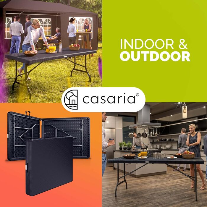 Стол садовий розкладний Casaria® з поліротангу, 180x75 см, чорний. Чудовий для саду, балкону, кемпінгу. Стійкий до погодних умов, з ручкою для перенесення.