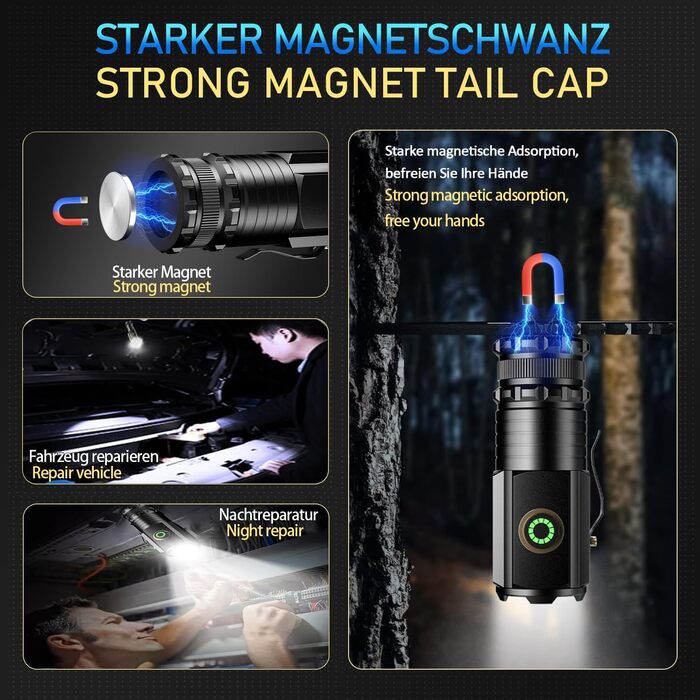 LED ліхтарик ASORT Mini 5000 Lumen: 5 режимів, магніт, водонепроникність IPX6, для кемпінгу та активного відпочинку
