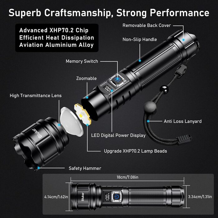 Ліхтар LED Blukar, перезаряжається, надзвичайно яскравий, з регулюванням фокусу, 5 режимів, водонепроникний IP67, для кемпінгу та активного відпочинку, чорний
