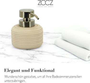 ZCCZ Bathroom Set – 4-Piece Organizer Set with Toothbrush Holder, Soap Dispenser, Cosmetic Bowl, and Cotton Swabs – Elegant Stone-Look Decor, for Modern Bathrooms (Beige 4pcs)
