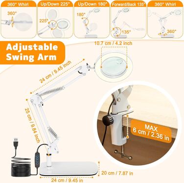 Лампа-лупа Jubor 2-в-1 зі світлом та підставкою, 15x/10x, LED, з кріпленням та основою, 3 режими, регульована яскравість, для хобі, ремонту, майстрів