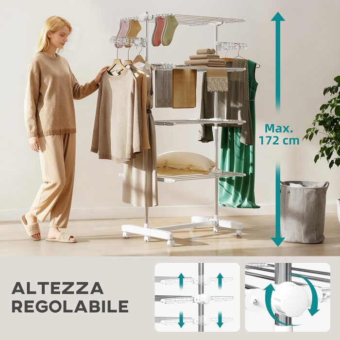 Сушарка для білизни HOMCOM Tower, 4 рівні, з колесами, біла - 142x55x172 см