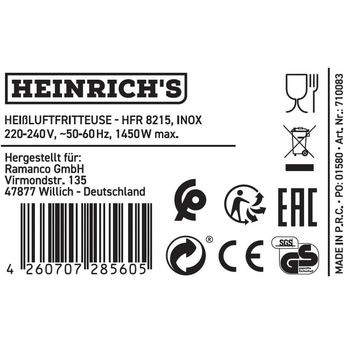 Фритюрниця повітряна HEINRICHS 9 літрів XXL, 10-в-1, LED-дисплей, 1800W, для здорового харчування