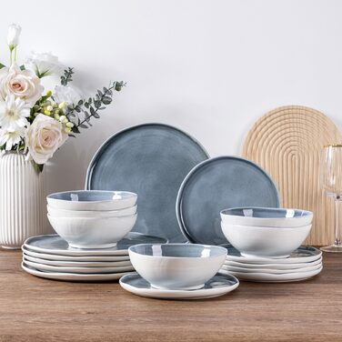Набір посуду LERATIO з кераміки для 4 особи: тарілки та миски з кераміки, стійкий до сколів та тріщин, підходить для миття в посудомийній машині, мікрохвильовій печі та духовці, реактивна глазур (Сервіз на 6 осіб, блакитний)