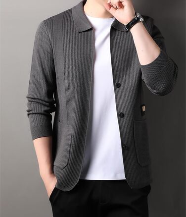 Чоловічий в'язаний жакет з ревером та довгими рукавами, з кишенями, бежевий, для осені