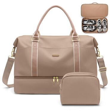 Велика дорожня сумка жіноча 46L Weekender з косметичкою, відділенням для взуття та вологих речей, для подорожей літаком (Колір: Шампань)