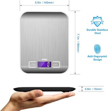 Кухонні ваги AMIR 5 кг, цифрові, професійні, точність до 1 г, з тарою, LCD-дисплеєм, автовимкнення