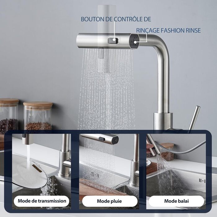 Змішувач для кухні BELZ з висувною лійкою, 3 режими, поворотний на 360°, нержавіюча сталь SUS304, матовий нікель