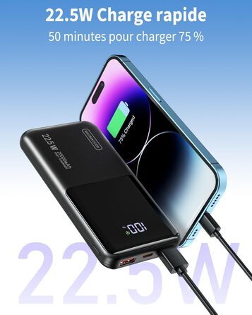 Портативний зарядний акумулятор Power Bank 20000mAh з швидкою зарядкою 22.5W, LCD дисплеєм, 1 USB-C, 2 USB-A для iPhone 17/16/15/14/13 та смартфонів, чорний