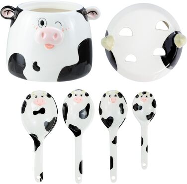 Ceramic Measuring Spoon Set with Cow Pattern, 4-Piece, for Dry or Liquid Ingredients, with Measuring Cup Set, Microwave Safe, Hand Wash Recommended