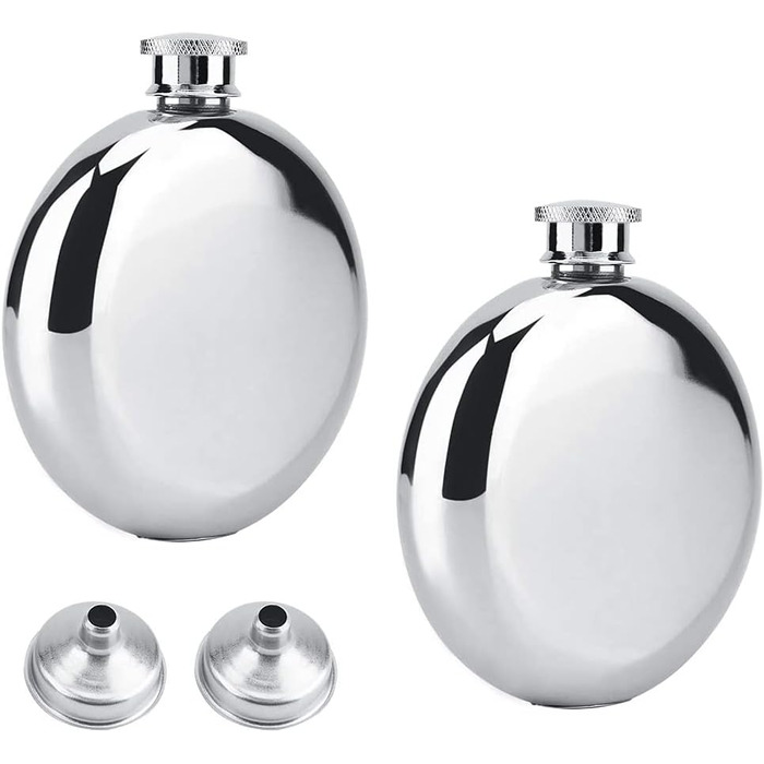 Набір з 2 флаконів для алкоголю з нержавіючої сталі, 177 мл, для віскі, коньяку, кемпінгу, подорожей, барів та вечірок (сріблястий)