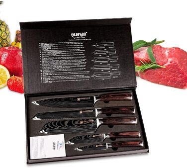 Набір професійних кухонних ножів | Шеф-ніж, Сантоку, хлібний ніж та інші | Нержавіюча сталь з лазерним візерунком, ручки з пакавуду | Подарунковий набір