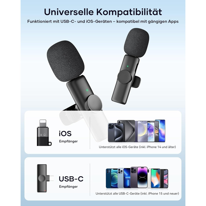 Беспроводной петличный микрофон 2 шт. для iPhone, iPad, Android, YouTube, TikTok, с шумоподавлением, Plug & Play, для видео, подкастов, черный