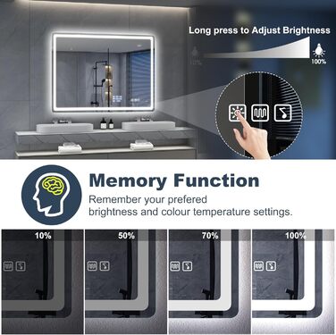 Дзеркало для ванної кімнати S'bagno з підсвічуванням 100x70 см, LED, з полицею, протитуманне покриття, регулювання кольору (3000K/4000K/6500K), диммування, HD-загартоване скло, IP44, горизонтальне/вертикальне встановлення, Bluetooth, годинник