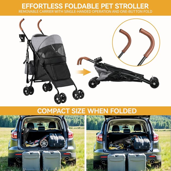 Візок для собак та котів DWVO, 11.3 кг, складний, з подушкою та кошиком для зберігання, 45x80x103 см (сірий/чорний)