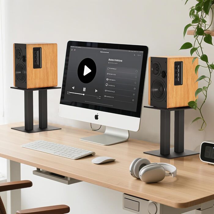 Підставка для аудіо колонки настільна, 25 см, метал, чорна, пара, з антиковзкими гумовими смужками, 21 x 24 x 25 см