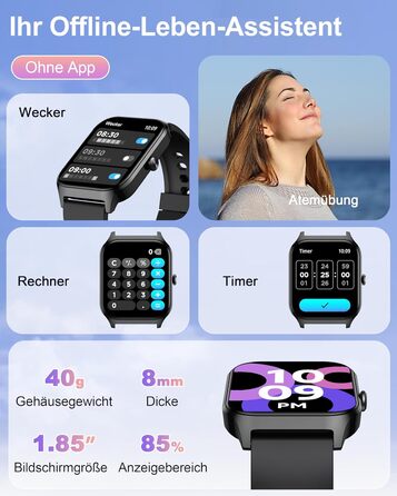 Розумний годинник Popglory для жінок та чоловіків, 100+ спортивних режимів, моніторинг здоров'я 24/7, Bluetooth, вимірювання тиску, пульсу, стресу, сну, будильник, калькулятор, крокомір, сумісний з Android та iOS, чорний