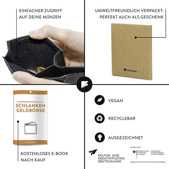 FRITZVOLD MINIMAL Wallet, RFID Protection & Expanded Coin Pocket, Small, Thin Wallet for Men, Extremely Flat Wallet, Slim Wallet, Wallet made of Washable Paper Leather, Black