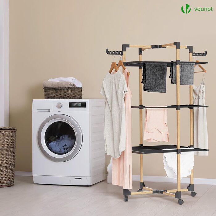 Сушарка для білизни VOUNOT вежа 3-ярусна, складана, на колесах, біла (чорна) - 25м, імітація дерева