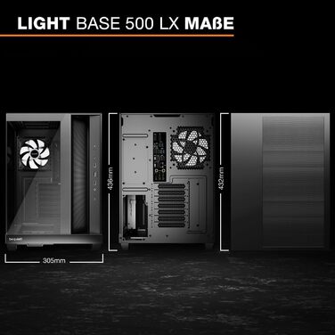be quiet! Light Base 500 LX: Чорний корпус ПК з повністю прозорою передньою та бічною панелями, Show Case, Dual Chamber Design, 4 вентилятори Pure Wings 3 PWM, без RGB, задній порт-дизайн