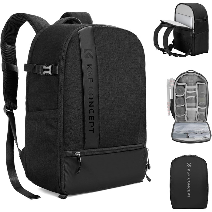 Рюкзак для камери K&F Concept 18L сірий з відділенням для ноутбука 15.6 дюймів та захистом від дощу, для DSLR/штатива/аксесуарів