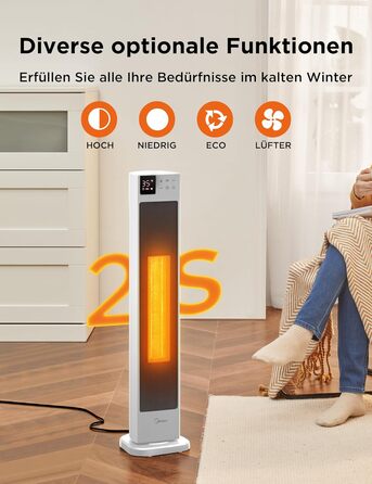 Midea NTH20-22GR(WH) Heater - Energy-Saving, Quiet with Remote Control, PTC 2000 Watt Ceramic Heater with Thermostat, 2 Heat Settings, 24H Timer, ECO Mode, for Large Rooms, 75° Oscillation, 76.5CM
