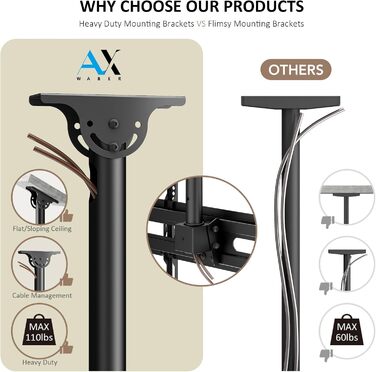 Adjustable TV Ceiling Mount for LED, LCD, OLED, and Plasma TVs - 26-65 Inch, 50kg Capacity, 400x400mm VESA, Black (AX11TB01)