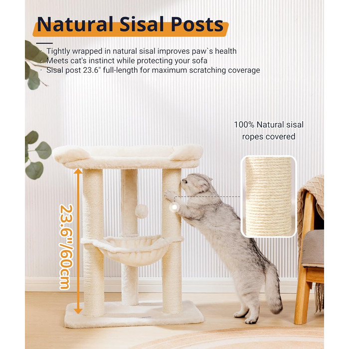 Дерево для котів Happi N Pets 71 см з лежаком та гамаком, покриття з сизалю, стабільна конструкція, знімний чохол, бежевий