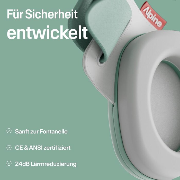 Навушники Alpine Muffy Baby Klassik для захисту слуху малюків, чорного кольору, регульоване антиковзне обруч до 36 місяців, безпечно протестовано в Німеччині, запобігають пошкодженню слуху, комфортне зелене обруч
