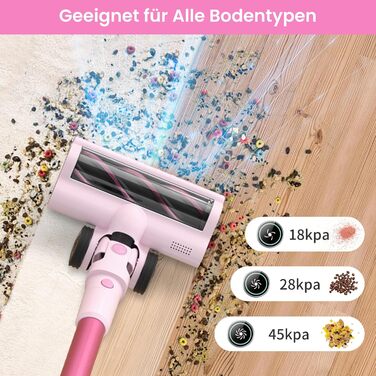 Бездротовий пилосос Belife Akku: потужний, 6-в-1, для тварин, килимів, твердих поверхонь, LED-дисплей, 45 хв роботи, 45000Pa, 550W, безщітковий мотор (рожевий)